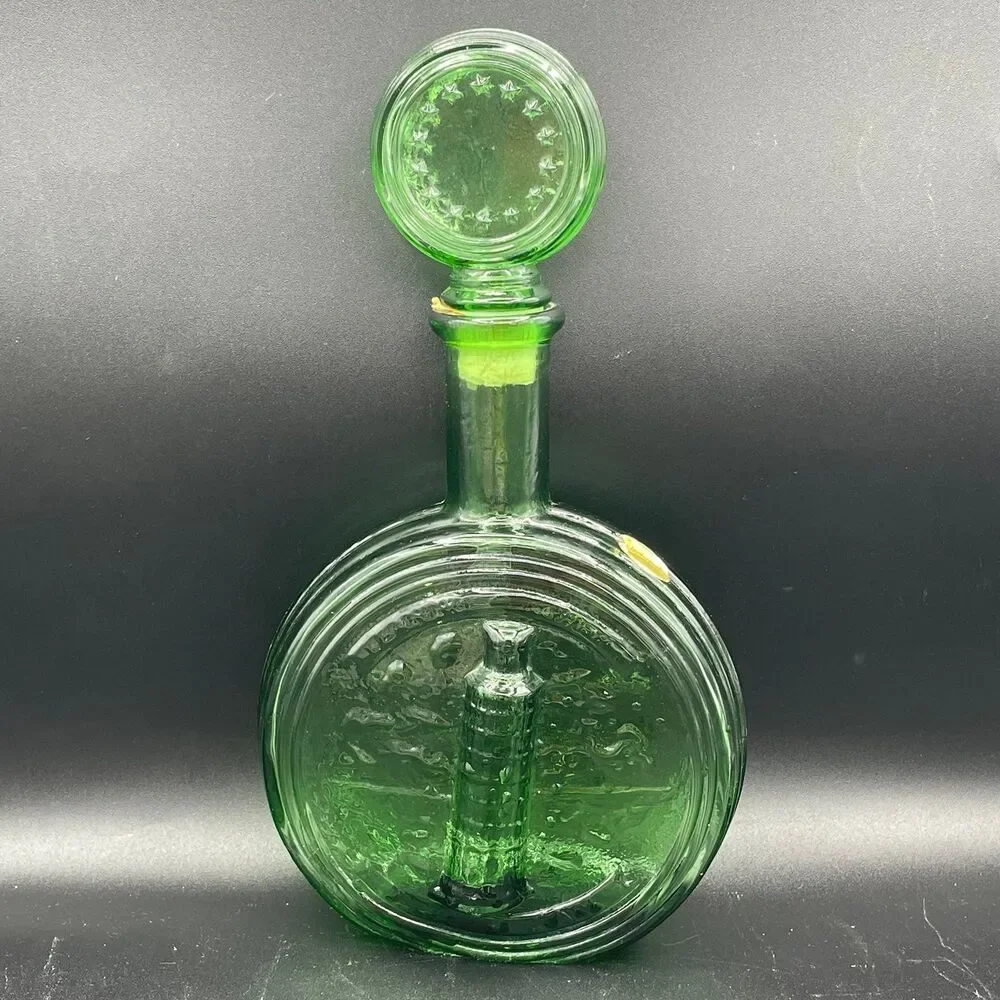 Vintage Green Glass Ribbed Decanter Bottle Empoli Made In Italy Star Top Stopper